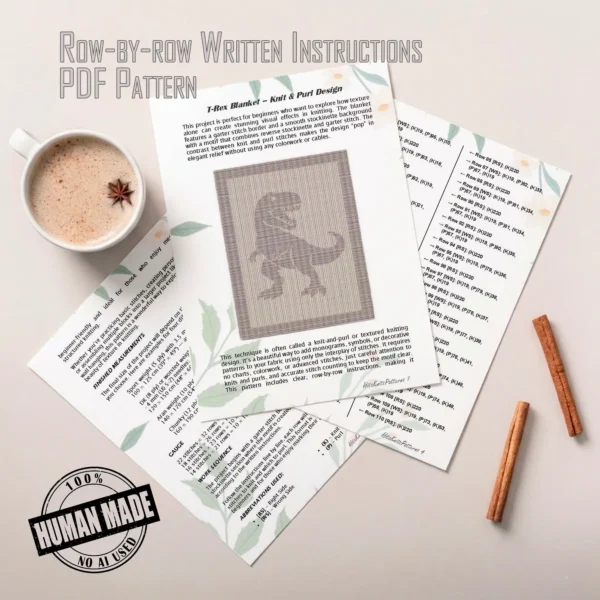 Knitted blanket featuring a textured Tyrannosaurus rex silhouette in the center, worked in garter stitch against a stockinette background. The blanket has a wide textured border framing the dinosaur design. The T-Rex is shown in a standing pose with detailed claws, tail, and open mouth, suitable for dinosaur lovers, teens, and adults.