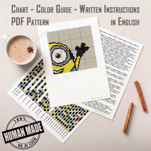 Minion Bob C2C crochet blanket design on beige background, full-body character with arms raised, yellow body, silver goggles, blue overalls, pixel-style handmade blanket