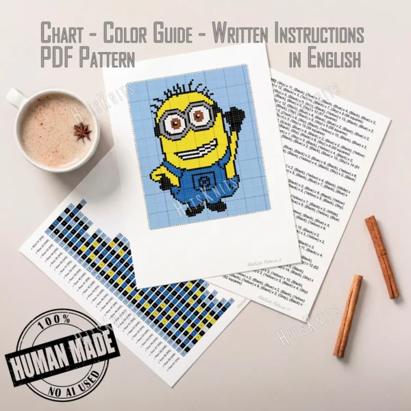 Minion Phil C2C crochet blanket on light blue background, full-body character with one arm raised, yellow body, silver goggles, blue overalls, pixel-style handmade blanket