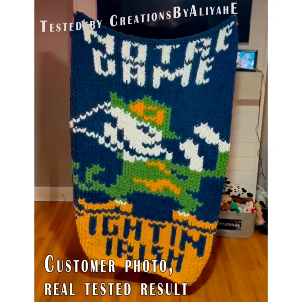 Finger knit blanket pattern featuring Notre Dame Fighting Irish Leprechaun design in blue, green, and gold colors, bold sports-inspired chunky knit blanket chart