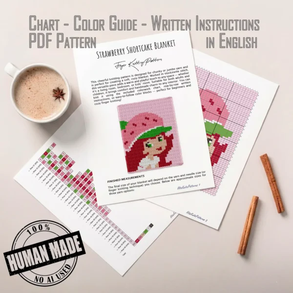 Strawberry Shortcake girl blanket knitting pattern with cute cartoon character design, chunky yarn finger knitting cozy blanket for girls room or baby gift
