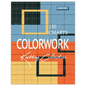 Colorwork knitting charts digital book cover with 150 charts, modern geometric grid design, bold colorful layout in blue, orange, and yellow tones