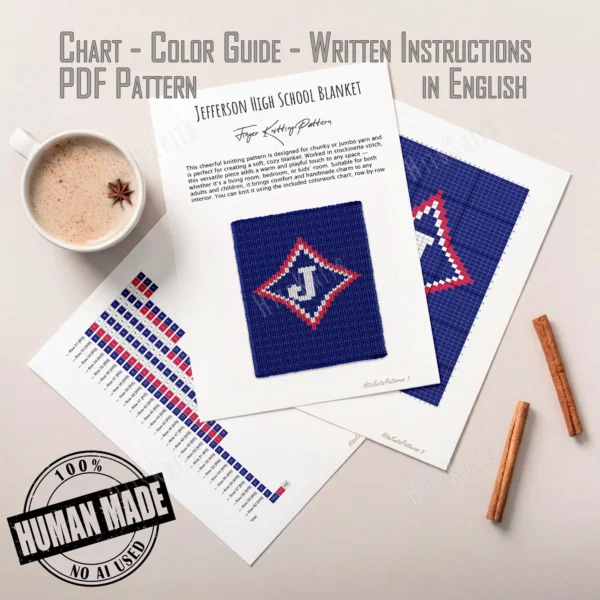 Jefferson High School chunky knit blanket pattern with bold “J” logo in blue, red, and white, diamond-shaped design, finger knitting blanket chart for jumbo yarn