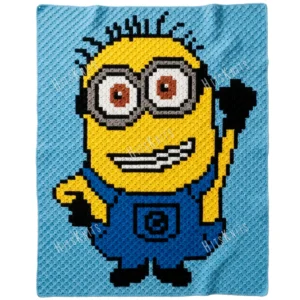 Minion Phil C2C crochet blanket on light blue background, full-body character with one arm raised, yellow body, silver goggles, blue overalls, pixel-style handmade blanket