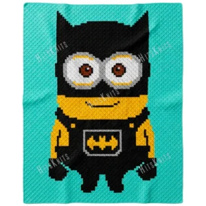 Minion in Batman-style costume C2C crochet blanket on teal background, close-up design with mask, cape, and chest emblem, pixel-style handmade blanket