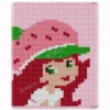 Strawberry Shortcake girl blanket knitting pattern with cute cartoon character design, chunky yarn finger knitting cozy blanket for girls room or baby gift