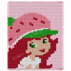 Strawberry Shortcake girl blanket knitting pattern with cute cartoon character design, chunky yarn finger knitting cozy blanket for girls room or baby gift
