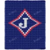 Jefferson High School chunky knit blanket pattern with bold “J” logo in blue, red, and white, diamond-shaped design, finger knitting blanket chart for jumbo yarn