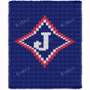 Jefferson High School chunky knit blanket pattern with bold “J” logo in blue, red, and white, diamond-shaped design, finger knitting blanket chart for jumbo yarn