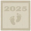 Minimalist knitted baby blanket with “2025” and baby feet motif in textured garter stitch on a smooth stockinette background, finished with a wide garter stitch border. Neutral cream newborn blanket design for stroller, nursery, baby shower gift, or pregnancy announcement photo prop.