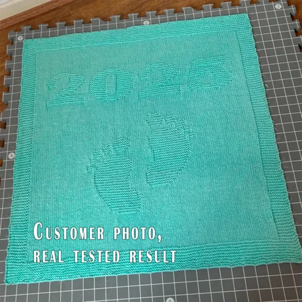 Minimalist knitted baby blanket with “2025” and baby feet motif in textured garter stitch on a smooth stockinette background, finished with a wide garter stitch border. Neutral turquoise newborn blanket design for stroller, nursery, baby shower gift, or pregnancy announcement photo prop.