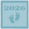 Minimalist knitted baby blanket with “2025” and baby feet motif in textured garter stitch on a smooth stockinette background, finished with a wide garter stitch border. Neutral blue newborn blanket design for stroller, nursery, baby shower gift, or pregnancy announcement photo prop.