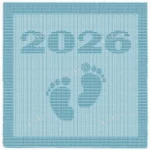 Minimalist knitted baby blanket with “2025” and baby feet motif in textured garter stitch on a smooth stockinette background, finished with a wide garter stitch border. Neutral blue newborn blanket design for stroller, nursery, baby shower gift, or pregnancy announcement photo prop.