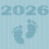 Minimalist knitted baby blanket with “2025” and baby feet motif in textured garter stitch on a smooth stockinette background, finished with a wide garter stitch border. Neutral blue newborn blanket design for stroller, nursery, baby shower gift, or pregnancy announcement photo prop.