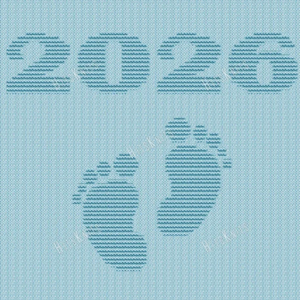 Minimalist knitted baby blanket with “2025” and baby feet motif in textured garter stitch on a smooth stockinette background, finished with a wide garter stitch border. Neutral blue newborn blanket design for stroller, nursery, baby shower gift, or pregnancy announcement photo prop.
