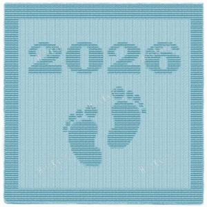 Minimalist knitted baby blanket with “2025” and baby feet motif in textured garter stitch on a smooth stockinette background, finished with a wide garter stitch border. Neutral blue newborn blanket design for stroller, nursery, baby shower gift, or pregnancy announcement photo prop.