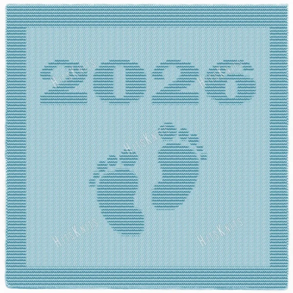 Minimalist knitted baby blanket with “2025” and baby feet motif in textured garter stitch on a smooth stockinette background, finished with a wide garter stitch border. Neutral blue newborn blanket design for stroller, nursery, baby shower gift, or pregnancy announcement photo prop.