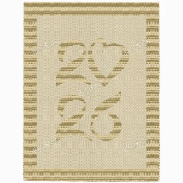 Elegant knitted crib blanket with “2026” and heart motif in textured garter stitch on a smooth stockinette background, finished with a wide garter stitch border. Neutral baby blanket design for nursery decor, crib styling, pregnancy announcement photos, baby shower gifts, and newborn keepsakes for baby boys and girls.