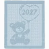 Light blue knitted baby blanket featuring a teddy bear holding a heart-shaped balloon with “2027” inside. The blanket has a textured garter stitch border and a soft knit-and-purl design, creating a cozy handmade look perfect for a stroller, nursery, or baby gift.