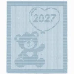 Light blue knitted baby blanket featuring a teddy bear holding a heart-shaped balloon with “2027” inside. The blanket has a textured garter stitch border and a soft knit-and-purl design, creating a cozy handmade look perfect for a stroller, nursery, or baby gift.