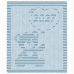 Light blue knitted baby blanket featuring a teddy bear holding a heart-shaped balloon with “2027” inside. The blanket has a textured garter stitch border and a soft knit-and-purl design, creating a cozy handmade look perfect for a stroller, nursery, or baby gift.