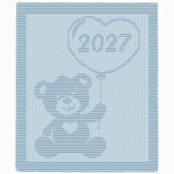 Light blue knitted baby blanket featuring a teddy bear holding a heart-shaped balloon with “2027” inside. The blanket has a textured garter stitch border and a soft knit-and-purl design, creating a cozy handmade look perfect for a stroller, nursery, or baby gift.