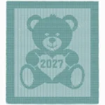 Sweet Teddy Bear 2027 Baby Blanket Knitting Pattern featuring a textured teddy bear holding a heart with “2027” inside. Knit using only knit and purl stitches, this beginner-friendly blanket creates a beautiful raised effect with garter stitch and stockinette contrast. Perfect as a newborn keepsake, crib blanket, stroller blanket, nursery décor piece, or baby shower gift.