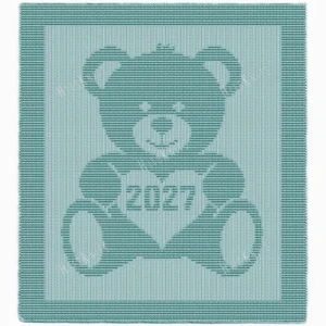 Sweet Teddy Bear 2027 Baby Blanket Knitting Pattern featuring a textured teddy bear holding a heart with “2027” inside. Knit using only knit and purl stitches, this beginner-friendly blanket creates a beautiful raised effect with garter stitch and stockinette contrast. Perfect as a newborn keepsake, crib blanket, stroller blanket, nursery décor piece, or baby shower gift.
