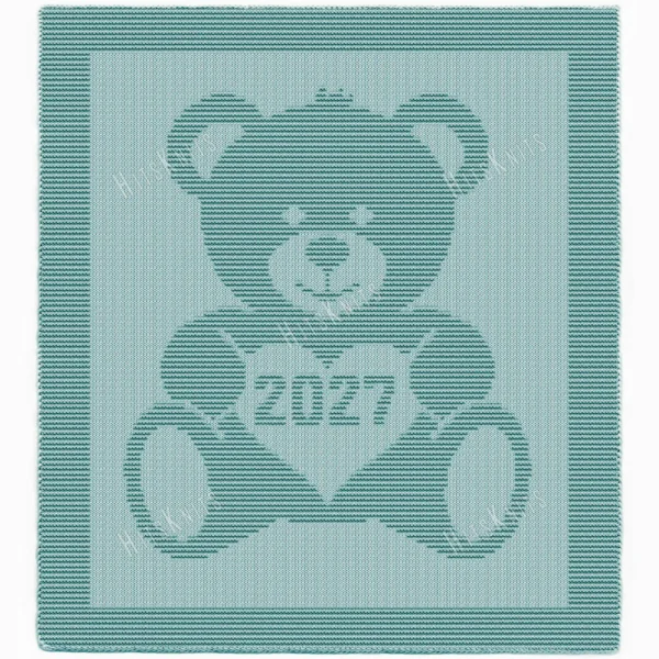 Sweet Teddy Bear 2027 Baby Blanket Knitting Pattern featuring a textured teddy bear holding a heart with “2027” inside. Knit using only knit and purl stitches, this beginner-friendly blanket creates a beautiful raised effect with garter stitch and stockinette contrast. Perfect as a newborn keepsake, crib blanket, stroller blanket, nursery décor piece, or baby shower gift.