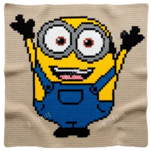 Minion Bob C2C crochet blanket design on beige background, full-body character with arms raised, yellow body, silver goggles, blue overalls, pixel-style handmade blanket