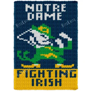 Finger knit blanket pattern featuring Notre Dame Fighting Irish Leprechaun design in blue, green, and gold colors, bold sports-inspired chunky knit blanket chart