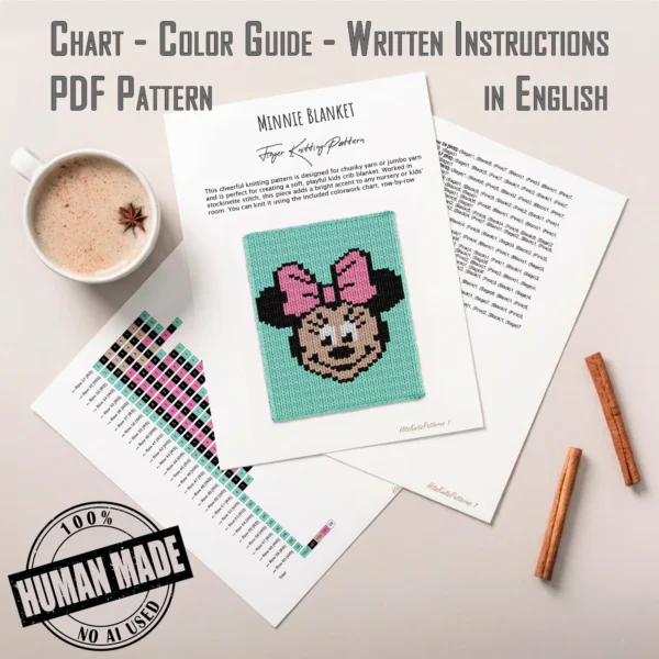 Minnie Mouse face knitting chart blanket in mint green background with pink bow, chunky yarn, pixel-style design, cozy handmade baby blanket