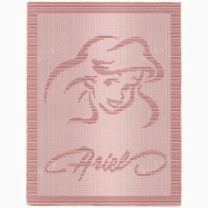 Soft pink knitted baby blanket featuring a portrait of Ariel from Disney’s The Little Mermaid, with her name elegantly knitted into the design. Textured reversible stitch pattern with decorative border, perfect for girls, toddlers, and kids who love magical mermaid themes.