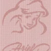 Soft pink knitted baby blanket featuring a portrait of Ariel from Disney’s The Little Mermaid, with her name elegantly knitted into the design. Textured reversible stitch pattern with decorative border, perfect for girls, toddlers, and kids who love magical mermaid themes.