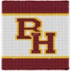 Chunky knitted blanket featuring a maroon and gold “BH” varsity-style sports logo centered on a white background with matching border stripes. Cozy chenille-style graphghan design inspired by classic high school athletic lettering and school spirit décor.