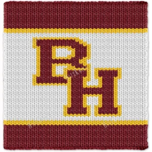 Chunky knitted blanket featuring a maroon and gold “BH” varsity-style sports logo centered on a white background with matching border stripes. Cozy chenille-style graphghan design inspired by classic high school athletic lettering and school spirit décor.