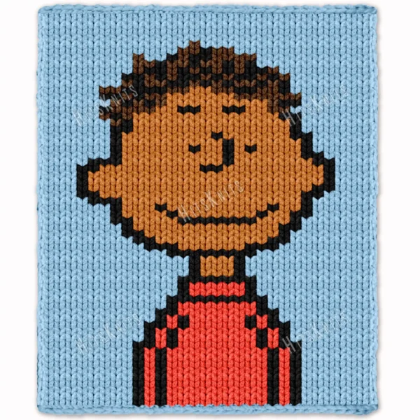 Pixel-style chunky knit blanket featuring Franklin from the Peanuts comic series on a light blue background. The design shows Franklin with curly dark brown hair, a smiling face, and a red shirt with black details, knitted in chunky jumbo yarn with a soft textured finish.