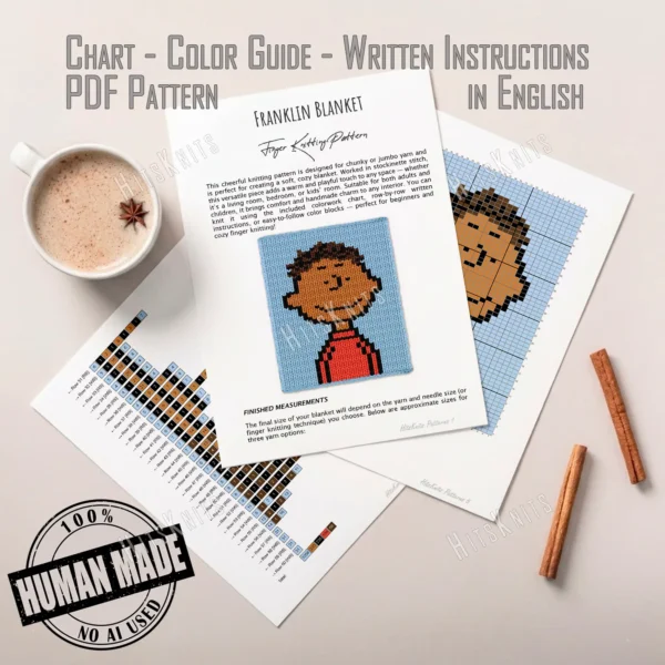 Pixel-style chunky knit blanket featuring Franklin from the Peanuts comic series on a light blue background. The design shows Franklin with curly dark brown hair, a smiling face, and a red shirt with black details, knitted in chunky jumbo yarn with a soft textured finish.