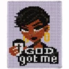 God Got Me chunky knit blanket pattern featuring a portrait of a Black woman with a short haircut holding a coffee cup, set against a lavender background with the text God Got Me in black and white lettering, knitted in jumbo yarn using finger knitting colorwork technique.