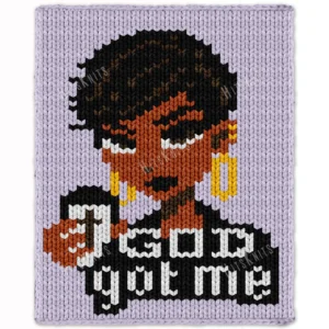 God Got Me chunky knit blanket pattern featuring a portrait of a Black woman with a short haircut holding a coffee cup, set against a lavender background with the text God Got Me in black and white lettering, knitted in jumbo yarn using finger knitting colorwork technique.