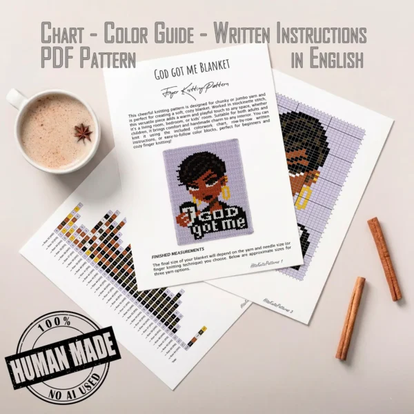 God Got Me chunky knit blanket pattern featuring a portrait of a Black woman with a short haircut holding a coffee cup, set against a lavender background with the text God Got Me in black and white lettering, knitted in jumbo yarn using finger knitting colorwork technique.