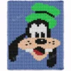 Goofy finger knitting blanket pattern made with chunky chenille yarn, featuring Disney’s funny dog character Goofy with his classic green hat on a blue background, cozy handmade jumbo yarn blanket design for kids and Disney fans.