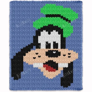Goofy finger knitting blanket pattern made with chunky chenille yarn, featuring Disney’s funny dog character Goofy with his classic green hat on a blue background, cozy handmade jumbo yarn blanket design for kids and Disney fans.