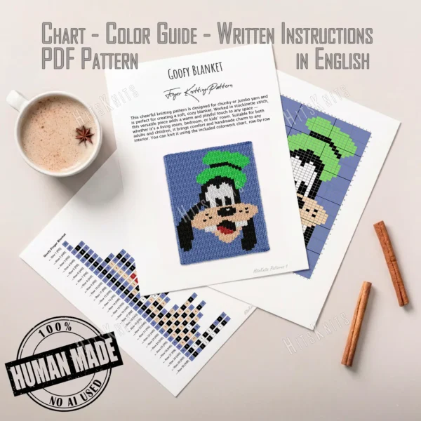 Goofy finger knitting blanket pattern made with chunky chenille yarn, featuring Disney’s funny dog character Goofy with his classic green hat on a blue background, cozy handmade jumbo yarn blanket design for kids and Disney fans.