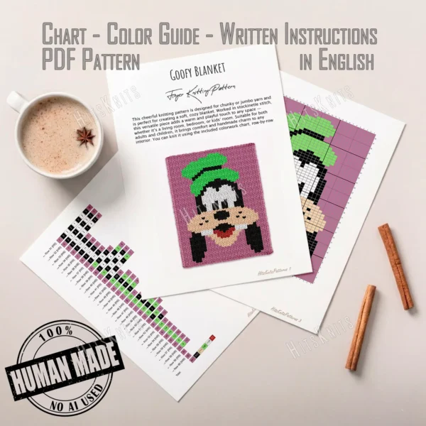 Goofy finger knitting blanket pattern made with chunky chenille yarn, featuring Disney’s funny dog character Goofy with his classic green hat on a soft pink background, cozy handmade jumbo yarn blanket design for kids, nurseries, and Disney lovers.