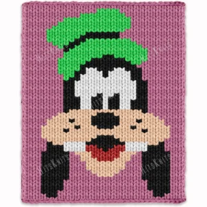 Goofy finger knitting blanket pattern made with chunky chenille yarn, featuring Disney’s funny dog character Goofy with his classic green hat on a soft pink background, cozy handmade jumbo yarn blanket design for kids, nurseries, and Disney lovers.