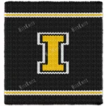 Iowa Hawkeyes varsity style chunky knit blanket featuring a bold yellow letter I outlined in white on a black background with sporty stripe accents, handmade with plush jumbo chenille yarn in a cozy finger knitting graphghan design.