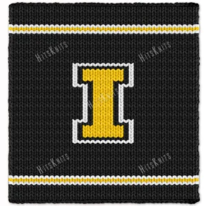 Iowa Hawkeyes varsity style chunky knit blanket featuring a bold yellow letter I outlined in white on a black background with sporty stripe accents, handmade with plush jumbo chenille yarn in a cozy finger knitting graphghan design.