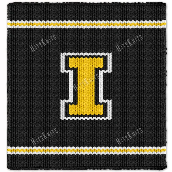 Iowa Hawkeyes varsity style chunky knit blanket featuring a bold yellow letter I outlined in white on a black background with sporty stripe accents, handmade with plush jumbo chenille yarn in a cozy finger knitting graphghan design.