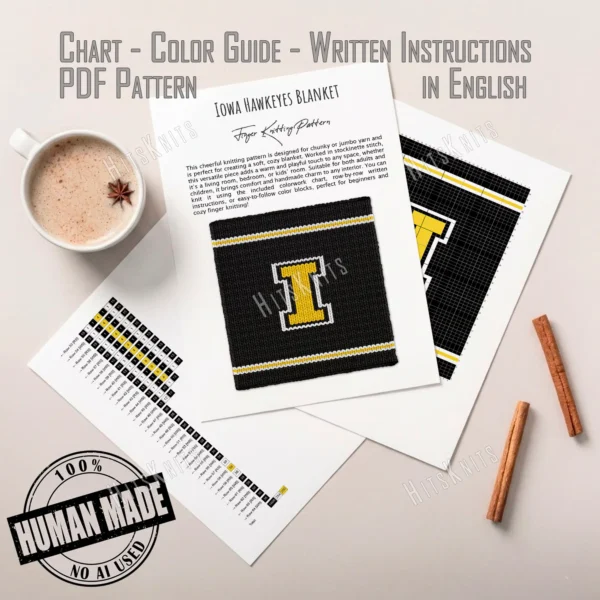 Iowa Hawkeyes varsity style chunky knit blanket featuring a bold yellow letter I outlined in white on a black background with sporty stripe accents, handmade with plush jumbo chenille yarn in a cozy finger knitting graphghan design.